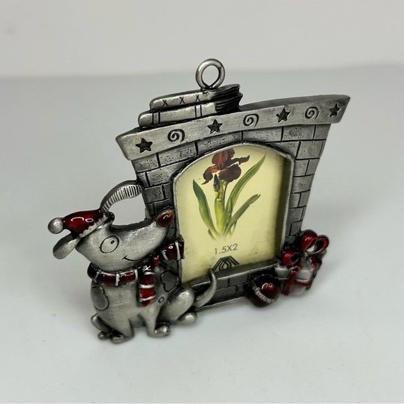 Christmas Ornament Picture Frame Pewter Dog Present by Fireplace - Picture 3 of 5